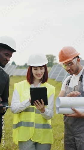 A team of engineers reviews plans at a solar panel installation, discussing project details and progress on site. Vertical video.