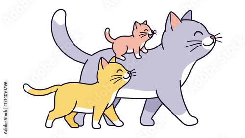 Cat Family's Expedition: a playful illustration of a happy cat family enjoying a vibrant moment, with mother cat and two kittens creating a delightful, whimsical scene.