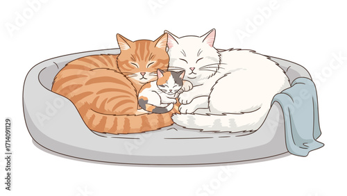 Cozy Cat Family: A heartwarming illustration of three contented cats nestled together in a plush bed, depicting domestic tranquility and the comfort of family bonds.