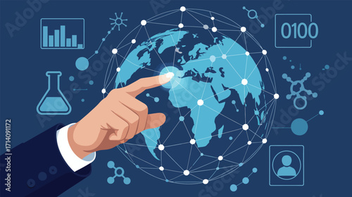 Hand touching globe with data and science icons in blue tone
