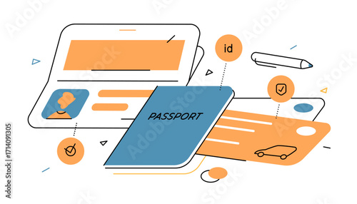 Vector illustration of abstract documents set: passport, ID card, driving license, insurance papers, ticket and pen. Concept of identity, travel, registration, bureaucracy and security.