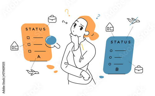 Vector illustration of a thoughtful young woman standing between two abstract panels with different status options, symbolizing refugee choice, migration or relocation decisions.