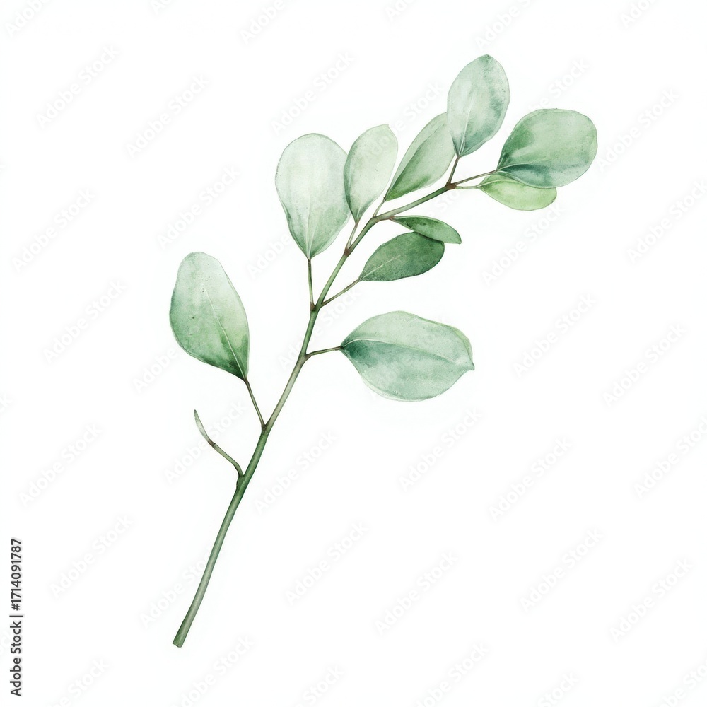 Naklejka premium Minimal Watercolor Eucalyptus Branch Botanical Illustration on White Background