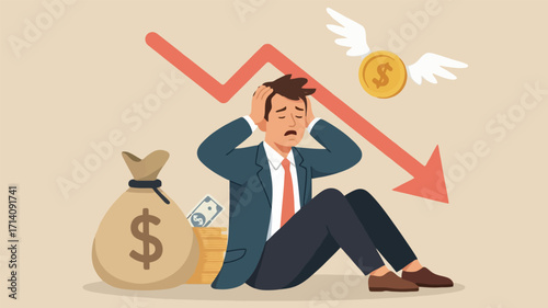 Man in despair with falling arrow and money bag illustration