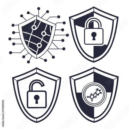 Digital security icons featuring shields with locks network and molecular structures