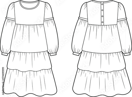 Technical flat sketch vector of long sleeve tiered dress with puff sleeves, round neckline, gathered tiers, front back fashion illustration