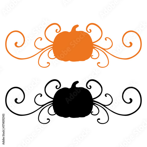Logo con silueta de calabaza con filigrana caligráfica. Silueta con florituras para tarjetas y felicitaciones