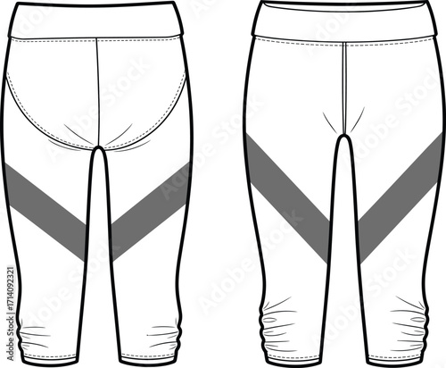 Technical flat sketch vector of children leggings with chevron stripe design, elastic waistband, front back views, fashion apparel construction drawing