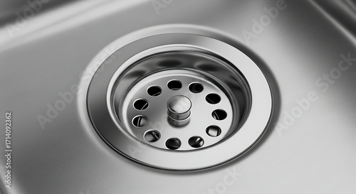 Closeup stainless steel sink drain with polished circular strainer and smooth basin.