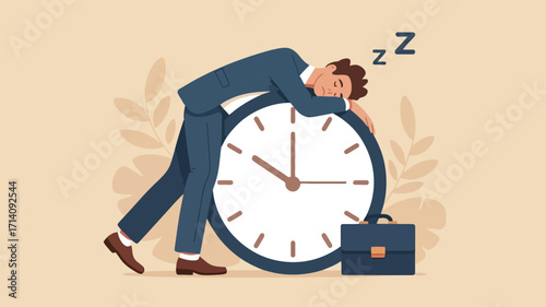 Man in suit sleeping on large clock with briefcase nearby