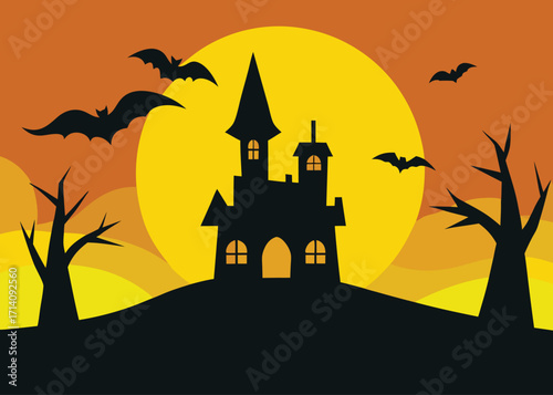 Spooky halloween castle bats moon sky