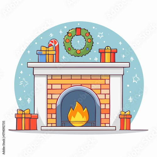 Christmas Fireplace with Gifts and Wreath