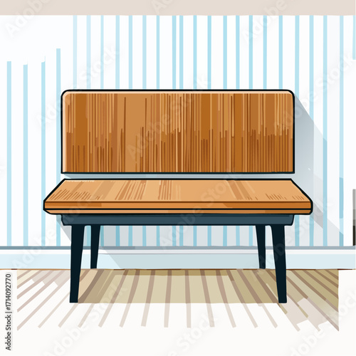 Wooden Bench Against Striped Wall