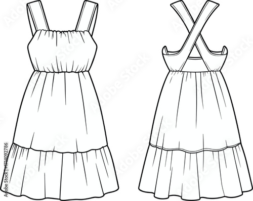 Technical fashion vector illustration of sleeveless tiered dress with wide straps, gathered bodice, crossed back straps, layered flared skirt, front back views