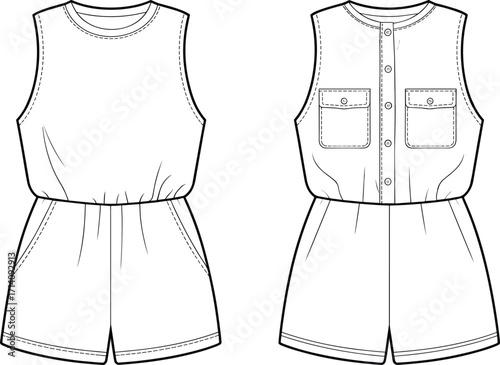 Technical fashion vector illustration of sleeveless romper with round neckline, elastic waistband, button back closure, chest pockets, front and back views