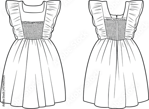 Technical fashion vector illustration of girl’s sleeveless dress with square neckline, ruffled straps, smocked bodice, gathered skirt, zipper back closure