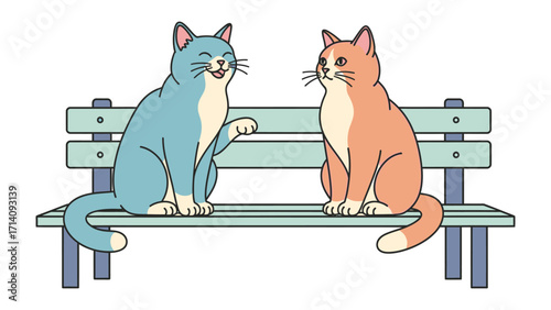 Cat Companionship: Two feline friends sit side-by-side on a park bench. The image capture the bond of friendship, showcasing the affection and playful interaction between them