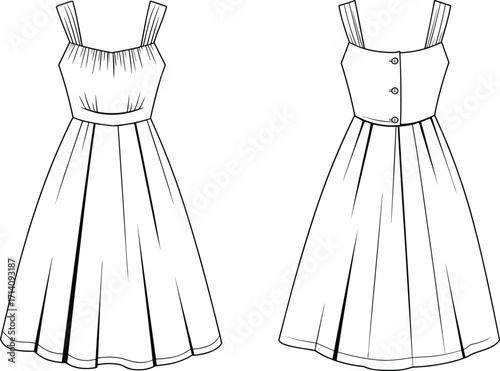 Technical fashion vector illustration of sleeveless dress with wide straps, gathered bodice, pleated flared skirt, button back closure, front back views