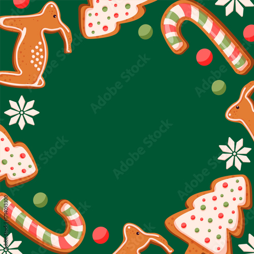 Festive frame with gingerbread cookie, candy cane and decorative snowflakes on green backdrop in cartoon.