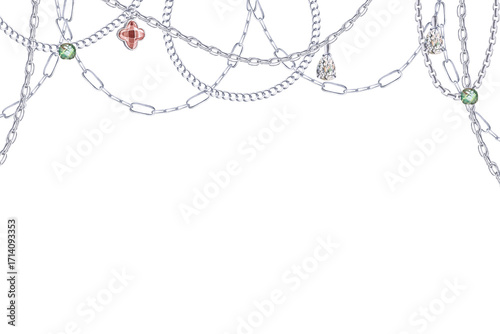 A rectangular frame with silver chains and precious stones. An isolated watercolor illustration for New Year's cards, jewelry store discount coupons, and interior design.