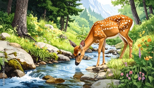 An idyllic scene featuring a young deer drinking from a clear, flowing stream amidst lush forest greenery and mountains