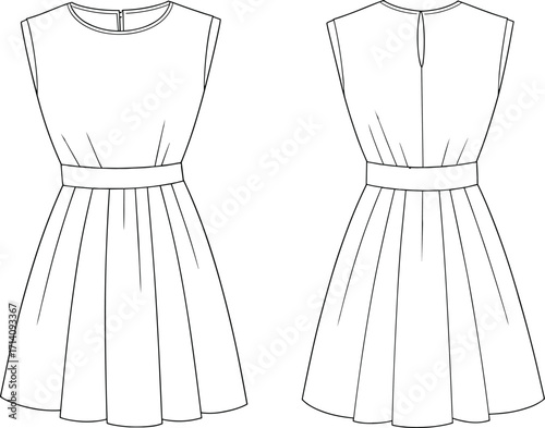 Technical fashion vector illustration of sleeveless dress with round neckline, fitted waistband, pleated flared skirt, keyhole back opening, front back views