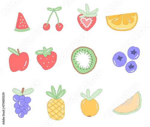 A colorful vector set of various fresh fruits and berries, including apples, oranges, and strawberries, for a healthy and sweet design