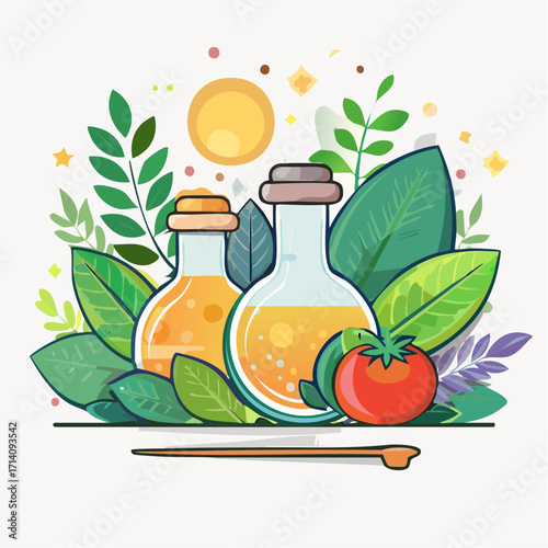 Two Glass Bottles of Yellow Liquid Surrounded by Lush Green Leaves and a Tomato