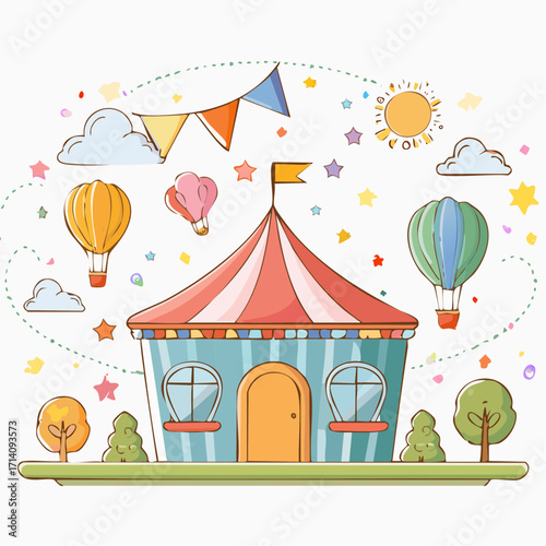 Whimsical Circus Tent House Illustration