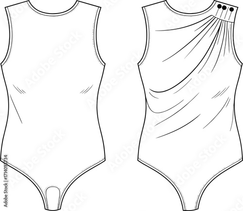 Technical fashion vector illustration of sleeveless bodysuit with high neckline, fitted silhouette, draped pleated back detail, button closure, front back views