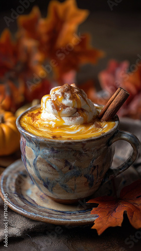 A rustic ceramic mug of pumpkin spice latte topped with whipped cream, caramel, and a cinnamon stick against a background of autumn leaves. Cozy hygge atmosphere