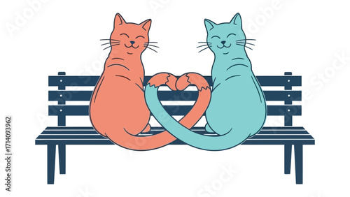 Cats in Love: Two adorable cats on a bench form a heart with their tails, celebrating love and companionship in a heartwarming illustration.