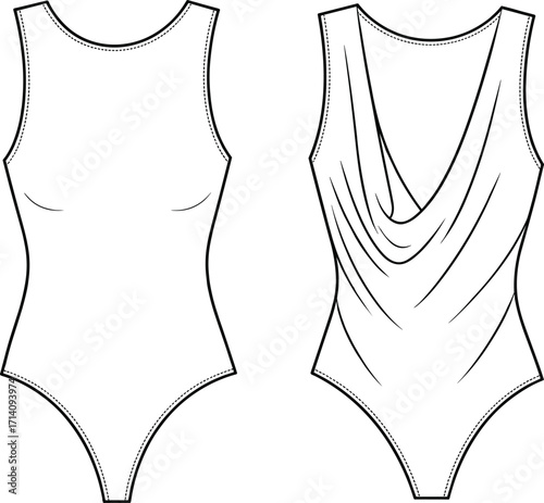 Technical fashion vector illustration of sleeveless bodysuits with high neckline, plain fitted style and draped cowl front detail, front viewsTechnical fashion vector illustration 