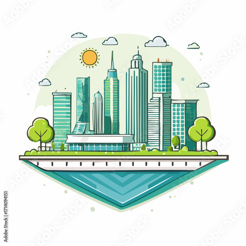 Modern Cityscape Illustration with Green Spaces and Blue Water