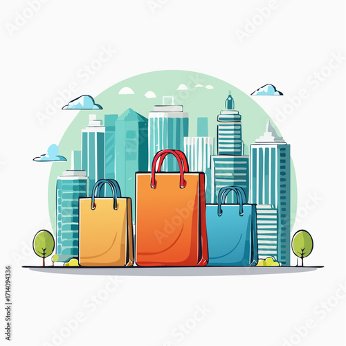 Colorful Shopping Bags Against City Skyline Illustration