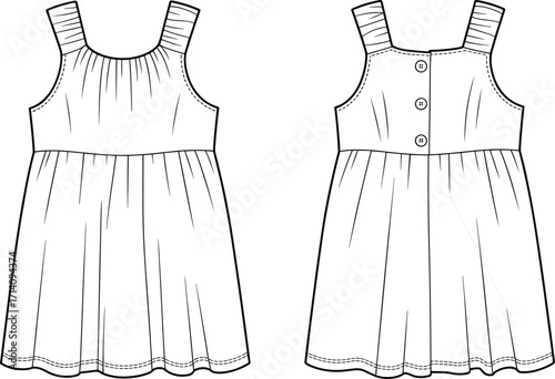 Technical fashion vector illustration of sleeveless dress with gathered straps, pleated flared skirt, button back bodice, front and back views