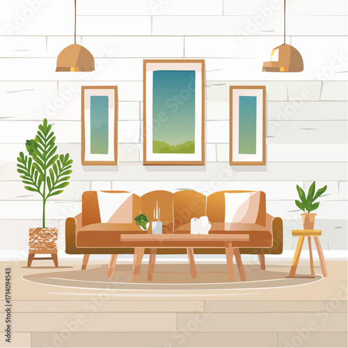 Modern Living Room Interior Design with Brown Sofa and Plants