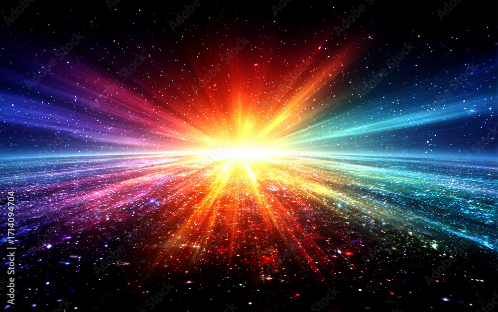 Obraz premium Vibrant Cosmic Burst with Colorful Radiant Streaks in Space