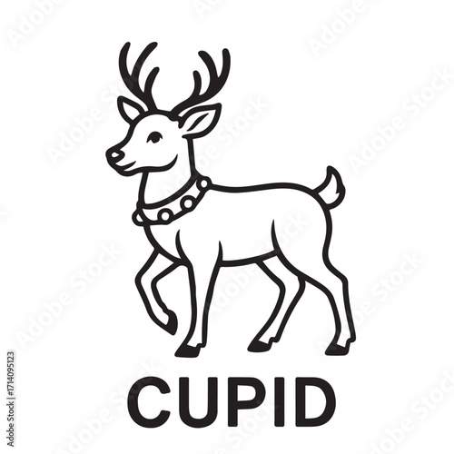 Black and white vector artwork of Santa’s reindeer named Cupid, outlined with thick black lines, ideal for Christmas decorations, posters, or greeting cards.