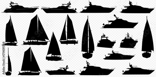 A comprehensive collection of black silhouettes depicting various types of boats and yachts, including elegant sailboats and powerful motorboats, against a transparent background.
