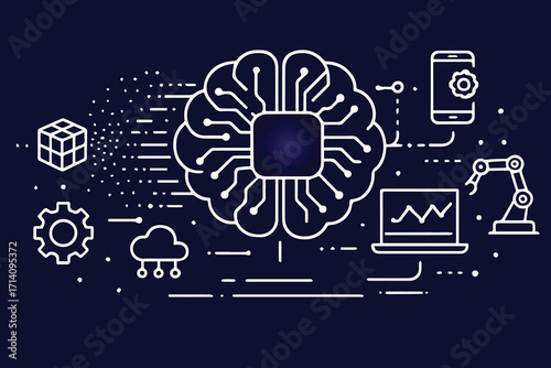 Vector artwork depicts a vibrant AI brain integrated with microchip elements, highlighting information flow, technology, and innovation for digital, tech, or educational visuals.