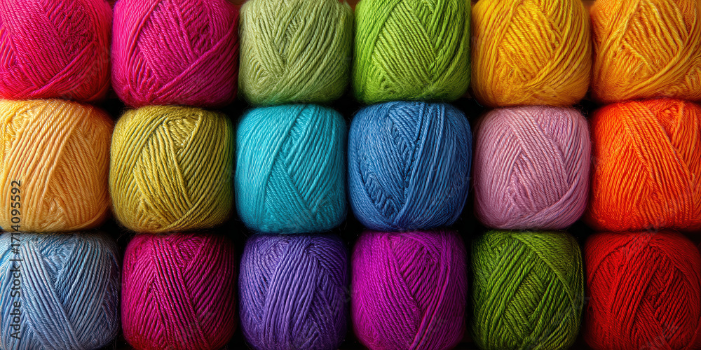 Fototapeta premium Vibrant collection of crochet yarns multiple colors neatly arranged rows. yarns display spectrum of hues including red orange yellow green blue and purple creating visually appealing and colorful