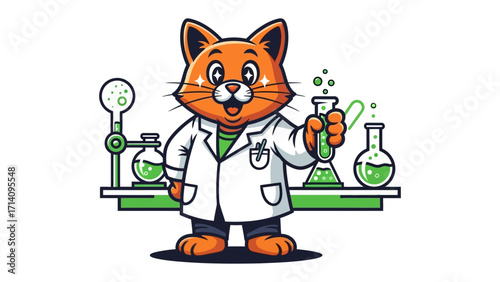 Cat Scientist in Lab: A cartoon cat dressed as a scientist conducts an experiment. Bubbling beakers and test tubes show a playful approach to science and learning. 