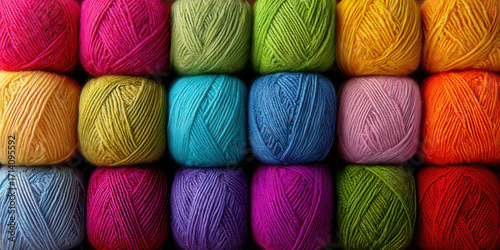 Vibrant collection of crochet yarns multiple colors neatly arranged rows. yarns display spectrum of hues including red orange yellow green blue and purple creating visually appealing and colorful