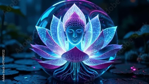 Neon Lotus Buddha Sphere - 4K Meditative Glow for Spiritual Visuals & Futuristic Wall Art  