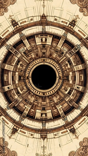 Abstract steampunk circular city design with intricate details and dark core center