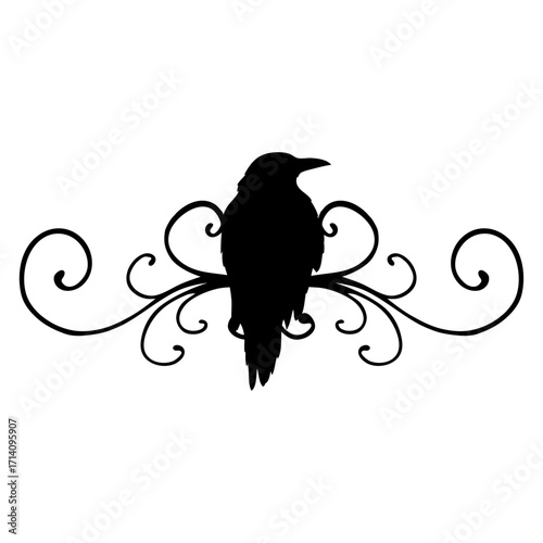 Logo con silueta de cuervo negro con filigrana caligráfica. Silueta con florituras para su uso en tarjetas y felicitaciones de Halloween