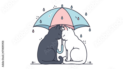 Whimsical Feline Embrace Under the Rain: Two adorable cats, sheltered beneath a pastel umbrella, snuggle together in a charming display of affection and companionship amidst a gentle rain.