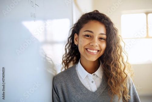 Smiling teenage african american girl standing near whiteboard in classroom. High school female student with curly hair wearing uniform posing during math lesson