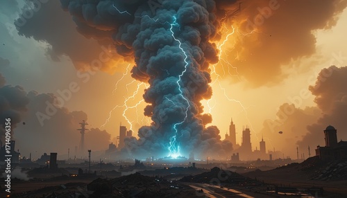 Fototapeta Naklejka Na Ścianę i Meble -  Dramatic lightning strike over dystopian city skyline creates a powerful, visually stunning, apocalyptic scene